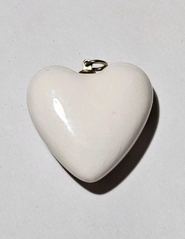 Vintage White Porcelain Heart Pendant with Hand Painted Gold Floral Design