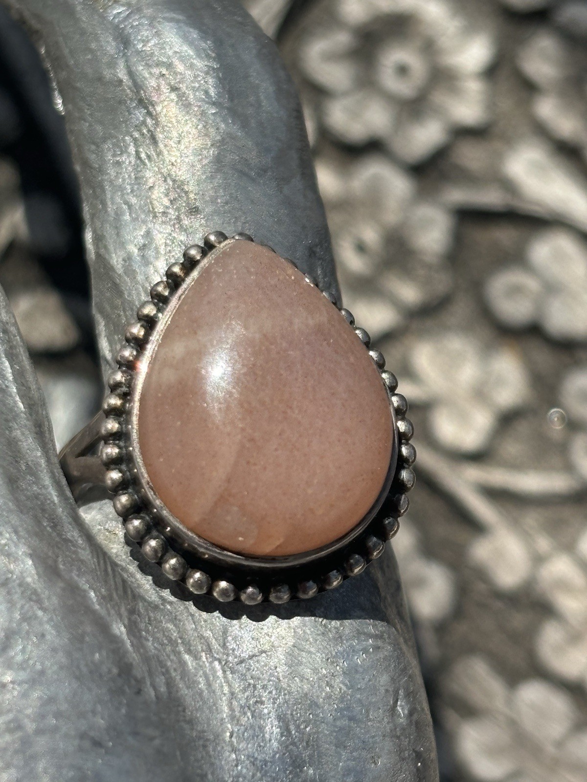 Handmade sterling silver peach moonstone ring size 9