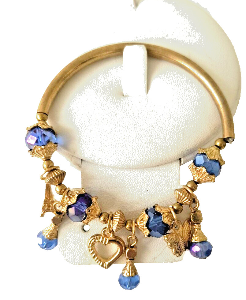 Fashion Jewelry Stretch Bracelet Gold Color Metal Charms Blue Acrylic Charms