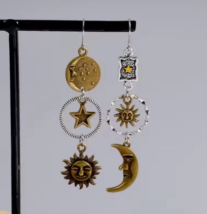 Sun Moon & Stars Dangle / Drop Boutique Style Earrings, Asymmetrical Mixed Metal