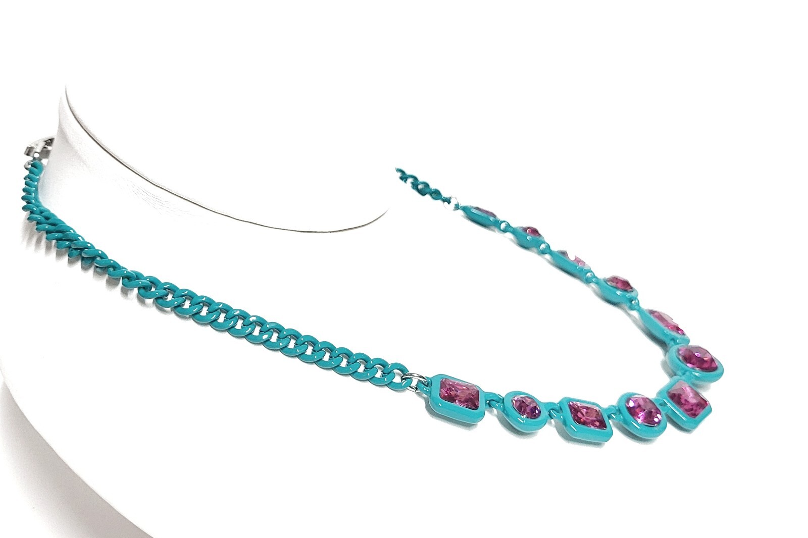 Karl Lagerfeld Crystal Chain Statement Necklace Green Fuchsia Plated Brass NWT