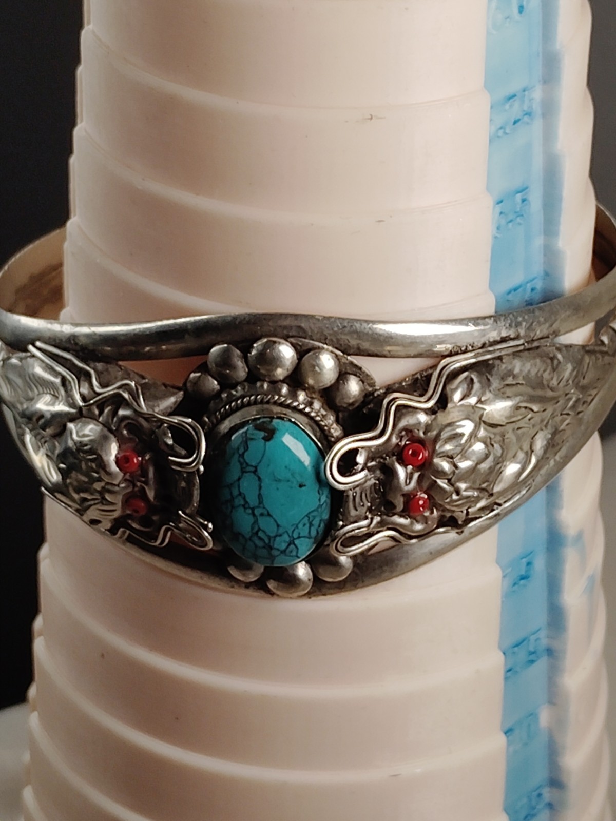 Silver Tone Cuff Bracelet Oval Blue Faux Turquoise Stone Bezel Set Metal
