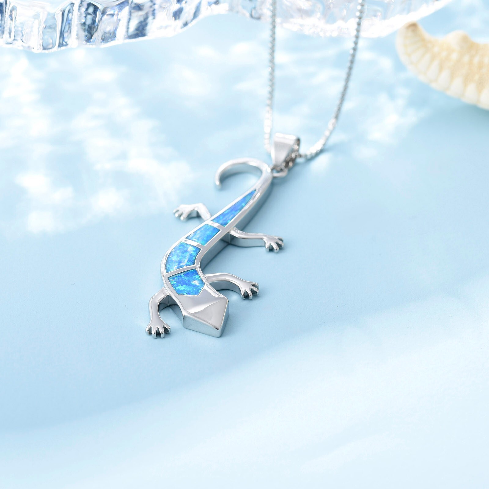 Hawaii Blue Fire Opal Lizard Necklace pendants Silver Filled For Women Girls