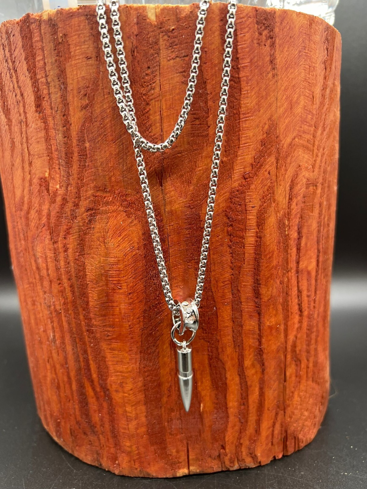 Stainless Steel Bullet Pendant Necklace 28” With Artificial Gemstone Inlay