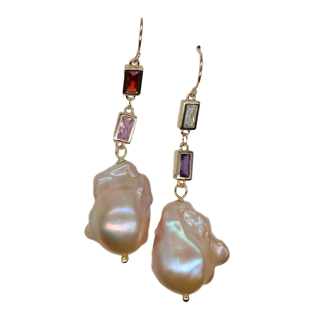 Cultured Pink Keshi Pearl Cz pave Chain Dangle Hook Earrings