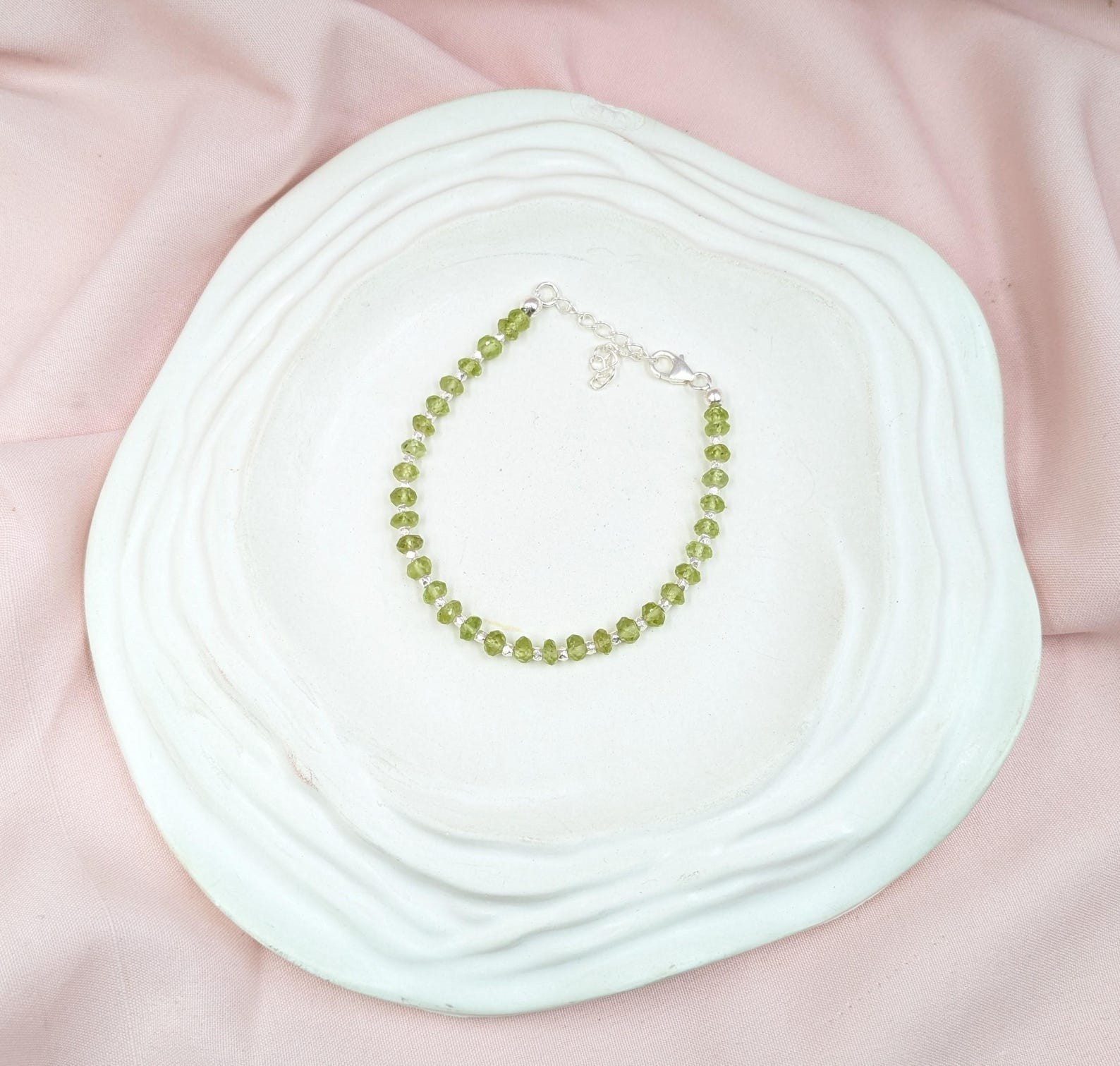 Green Peridot Faceted Rondelle Gemstone Silver Filled Beads Women Bracelet 6-8”
