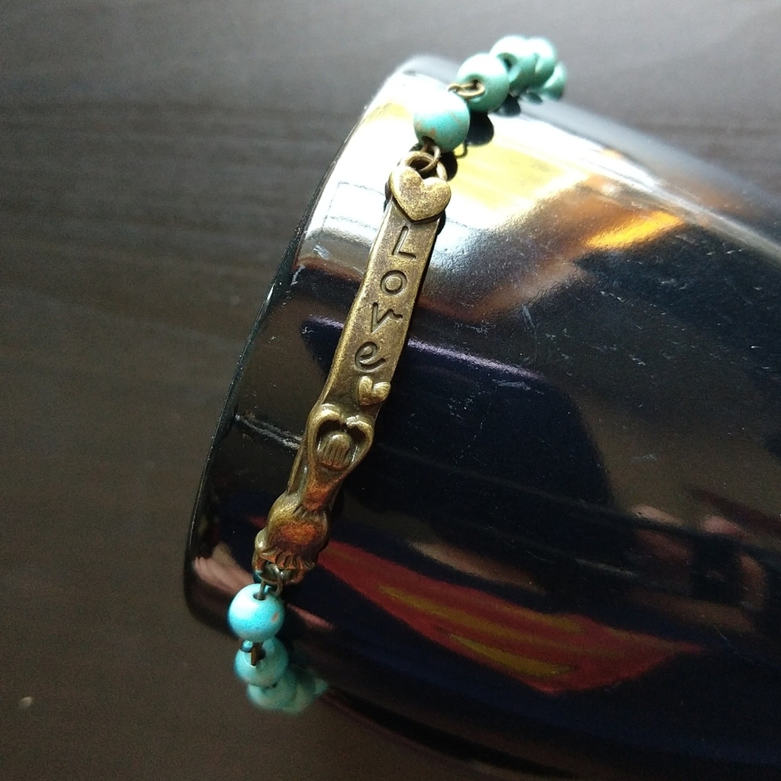 3 Turquoise LOVE Bracelets 6.5″ – 7.5″ semi-precious stones brass new old stock