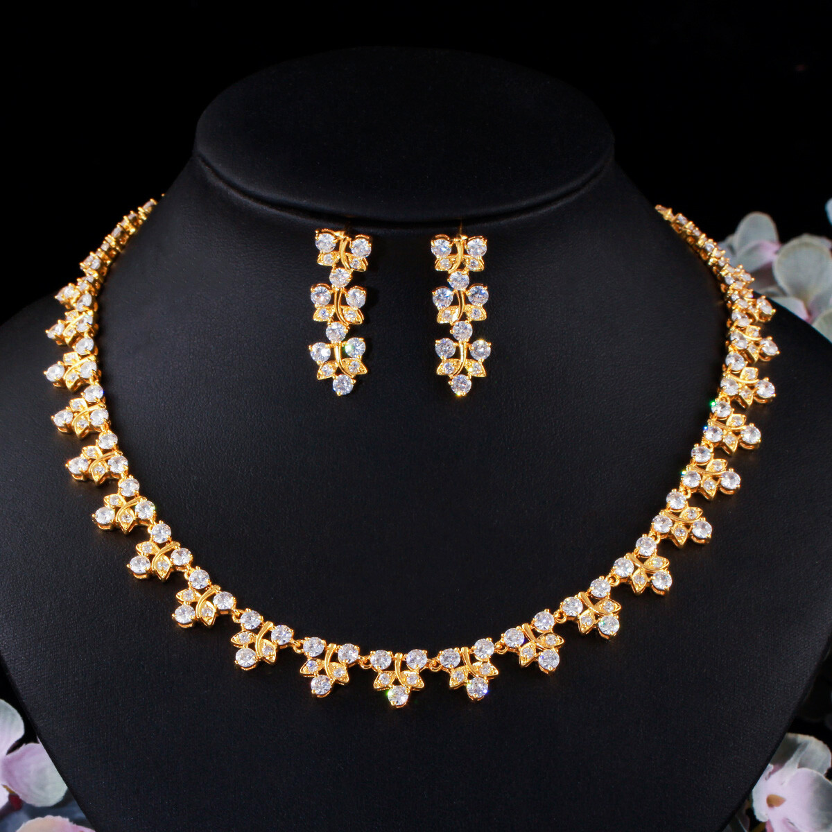 CWWZircons Gold Plated CZ Green Leaf Tennis Wedding Necklace Earring Jewelry Set
