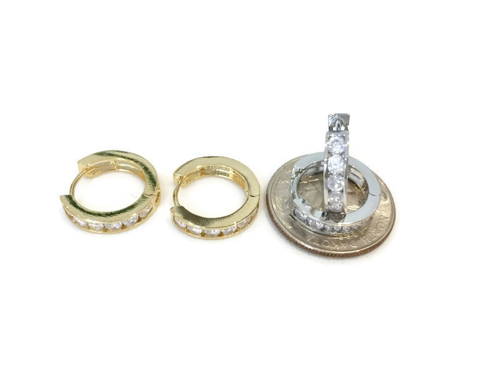 Small in Stainless Steel Gold Silver 13mm Wide Cz Huggie Hoop Earrings Set New