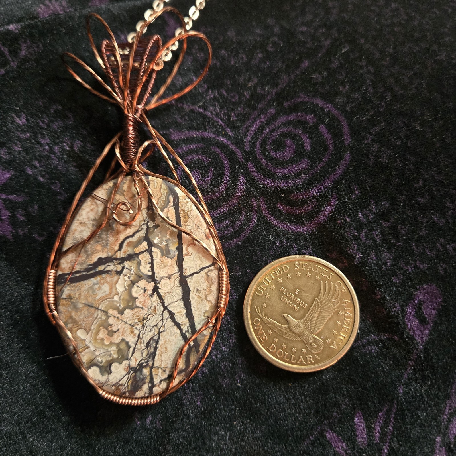 Crazy Lace Antique Copper Wire Wrapped Pendant. An Agate Stream And Trees. Idaho