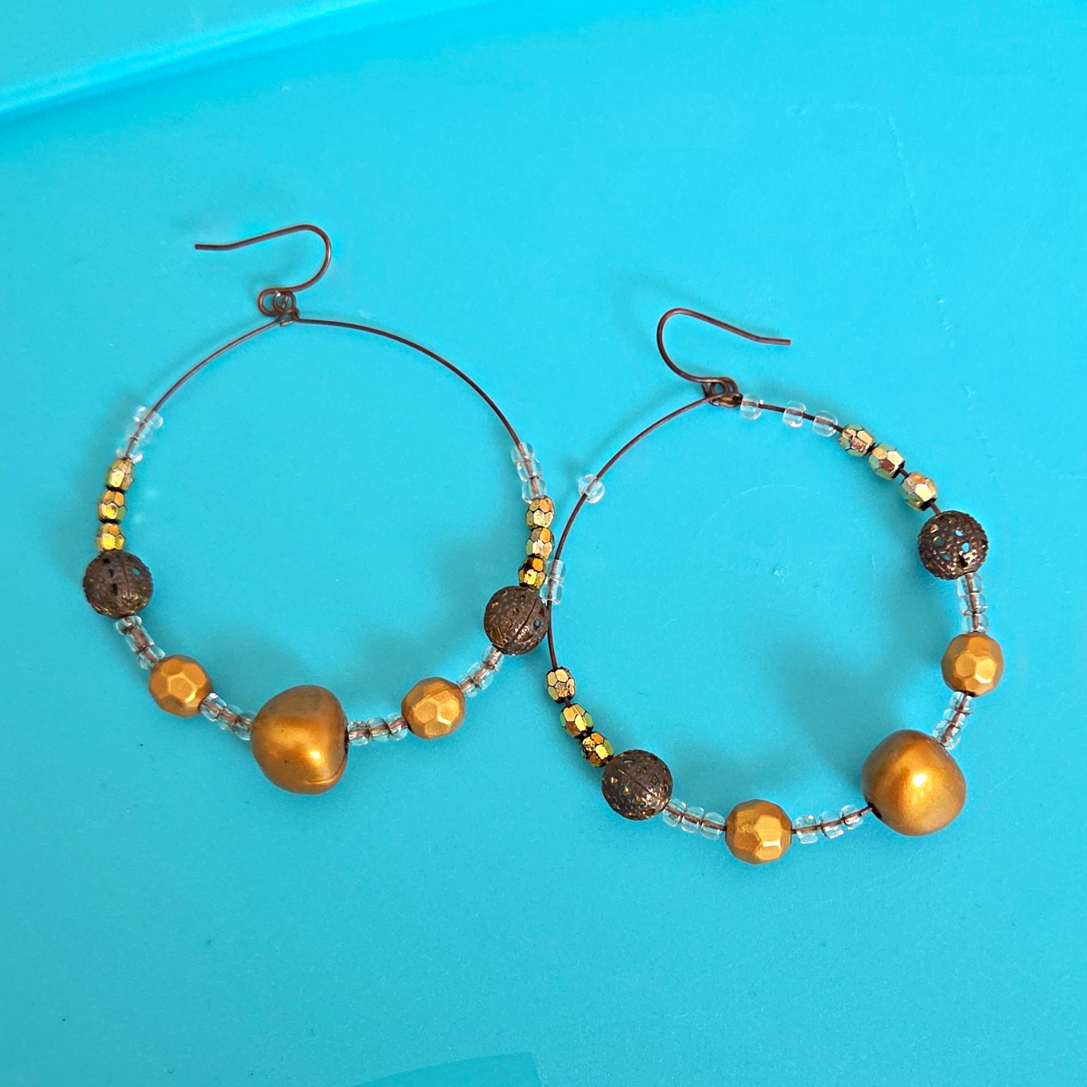 Gold Tone Beaded Round Hoop Dangle/Drop Earrings, Hook Closure, Lobe