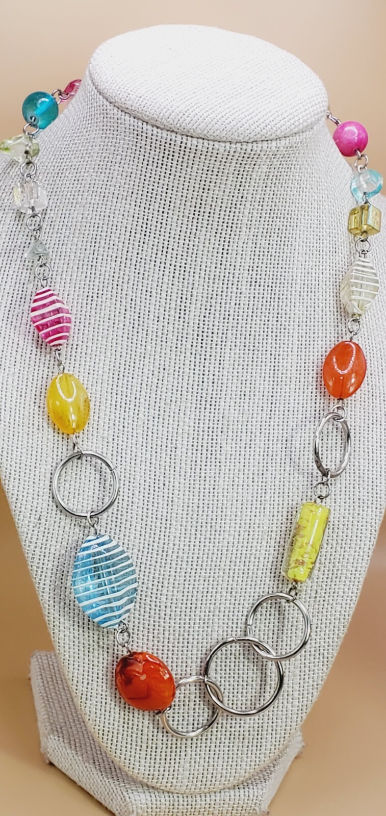 Vtg Colored Glass and Silver Tone Metal Beaded 20 – 22″ Necklace
