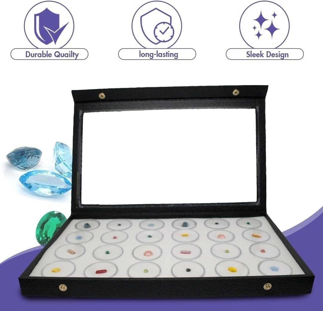 Large Jewelry Display Case 14.75×8.25 + 24 Gem Jars Clear Lid White Foam Tray