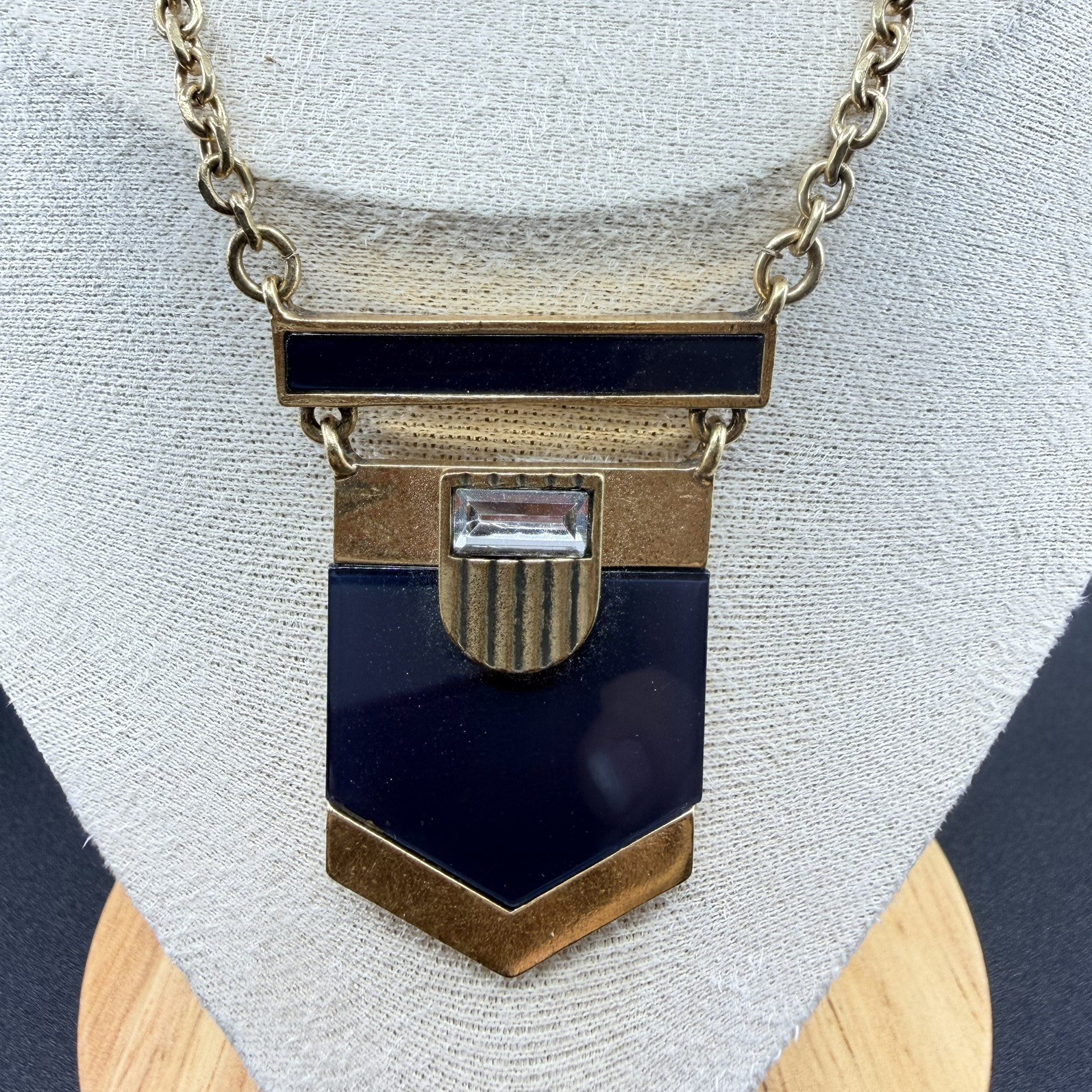 J. Crew Pendant Sweater Necklace, Gold Tone Navy Blue w Rhinestone