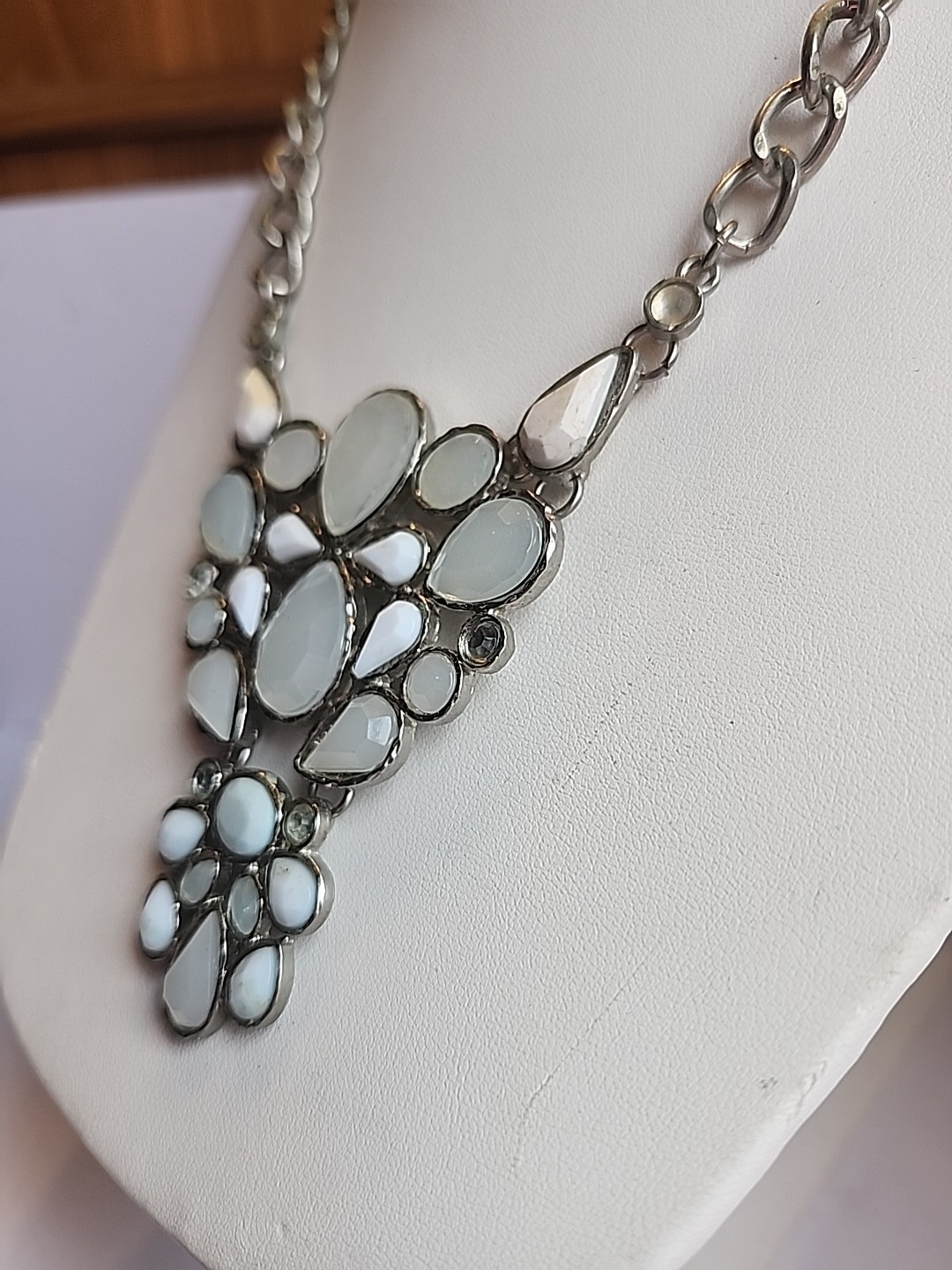 Statement Bib Necklace Light Blue Stones 18 inch
