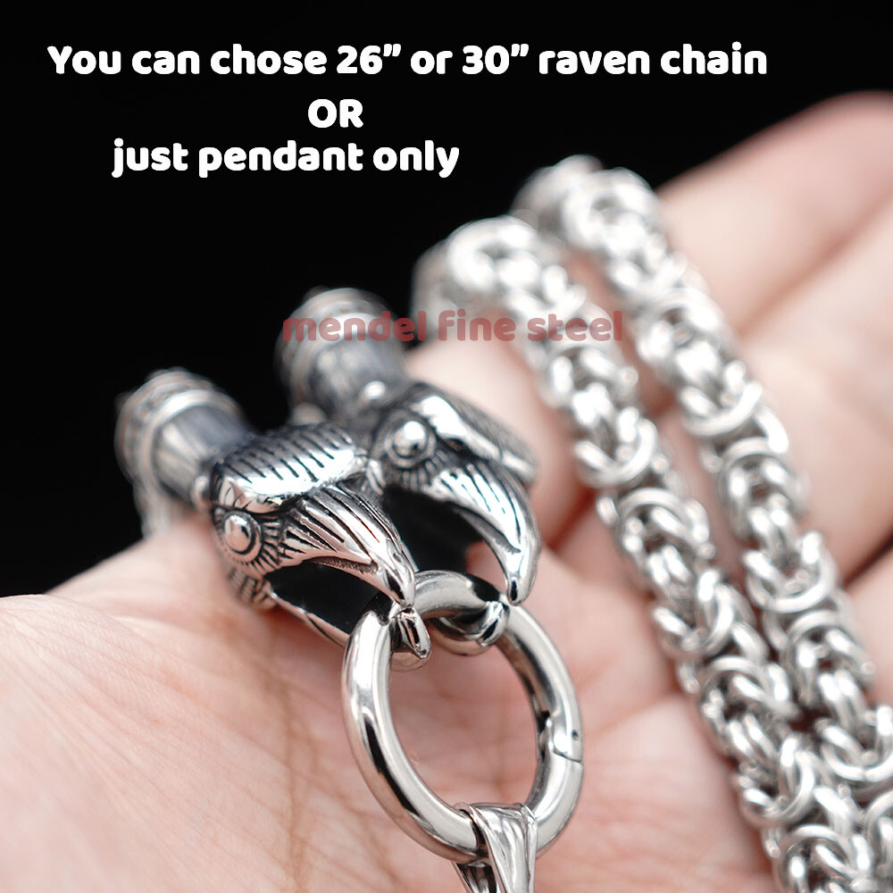 MENDEL Stainless Steel 30 Inch Viking Odin Raven Wolf Pendant Necklace Men Chain