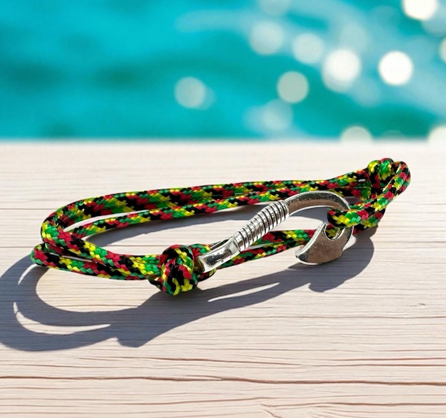 Rasta Fish Hook Bracelet for Small Wrists – Triple Wrap Durable Cord – Oceanica