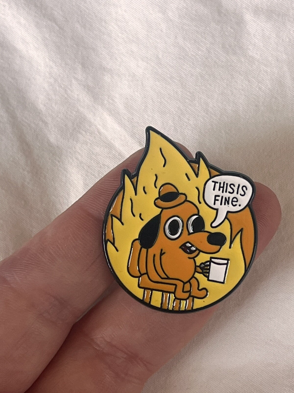 “This Is Fine” Funny Meme Dog Flame Room Enamel Pin – Excellent Condition