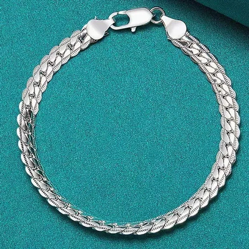 925 Sterling Silver Bracelet 6mm 18/20cm Flat Side Chain Lobster Clasp Bracelet