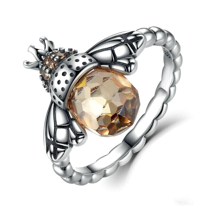 Champagne Solitaire Crystal Queen Bee Silver Ring Band Size 6 – 11 Free Gift Box