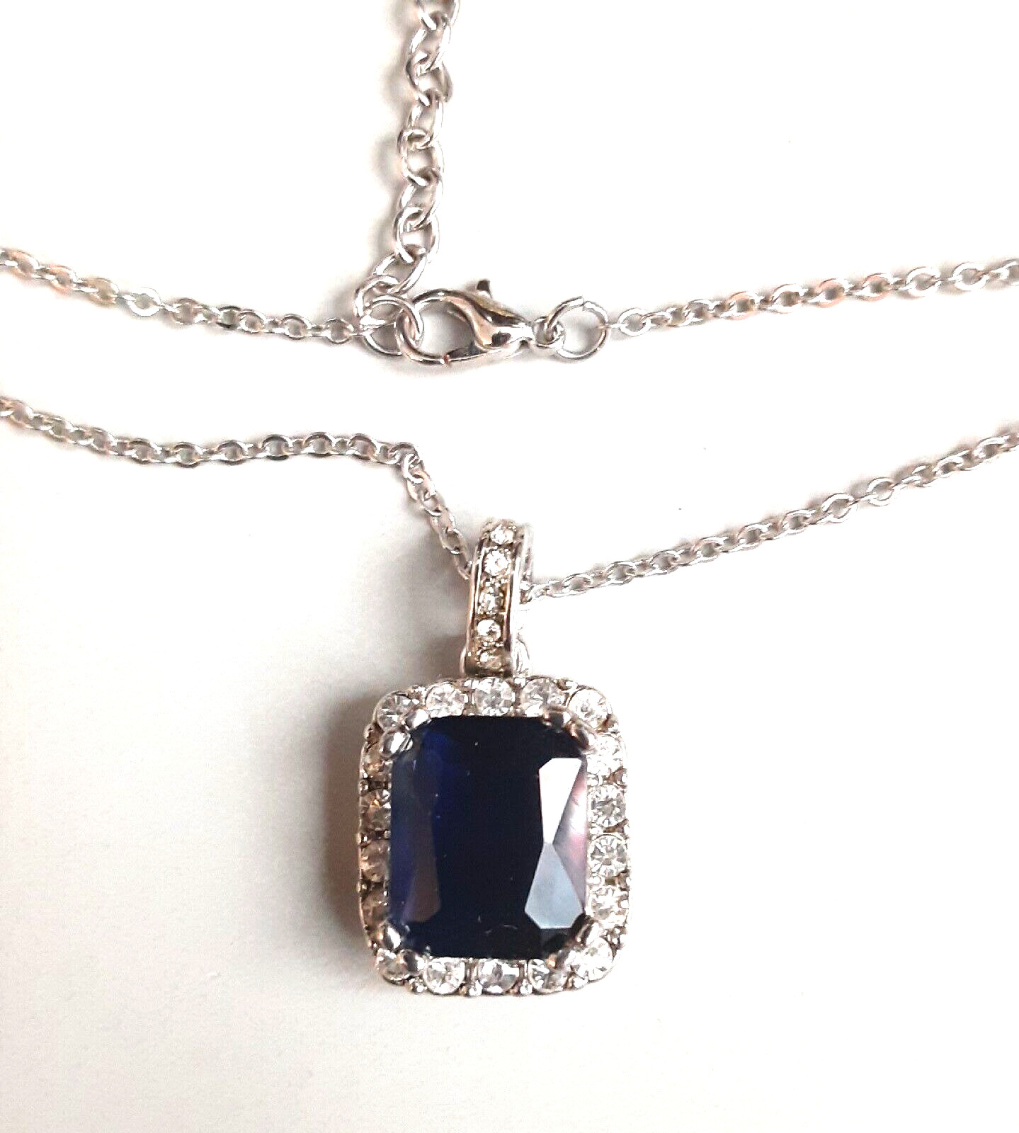 Blue Crystal Pendant Necklace Silver 1 x 16 To 18.5 Inch