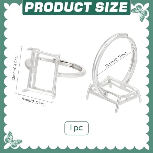 Adjustable 12x8mm Rectangle Prong Ring Settings, Platinum Plated 925 Silver, Jew
