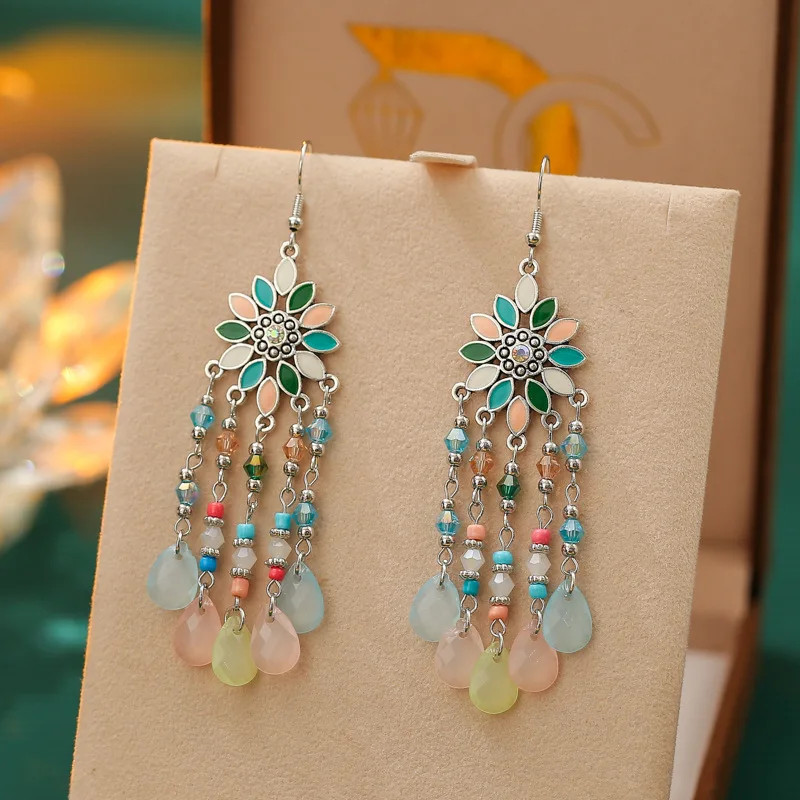 Bohemian Vacation Style Water Drop Tassel Earrings for Women Vintage Long Drop