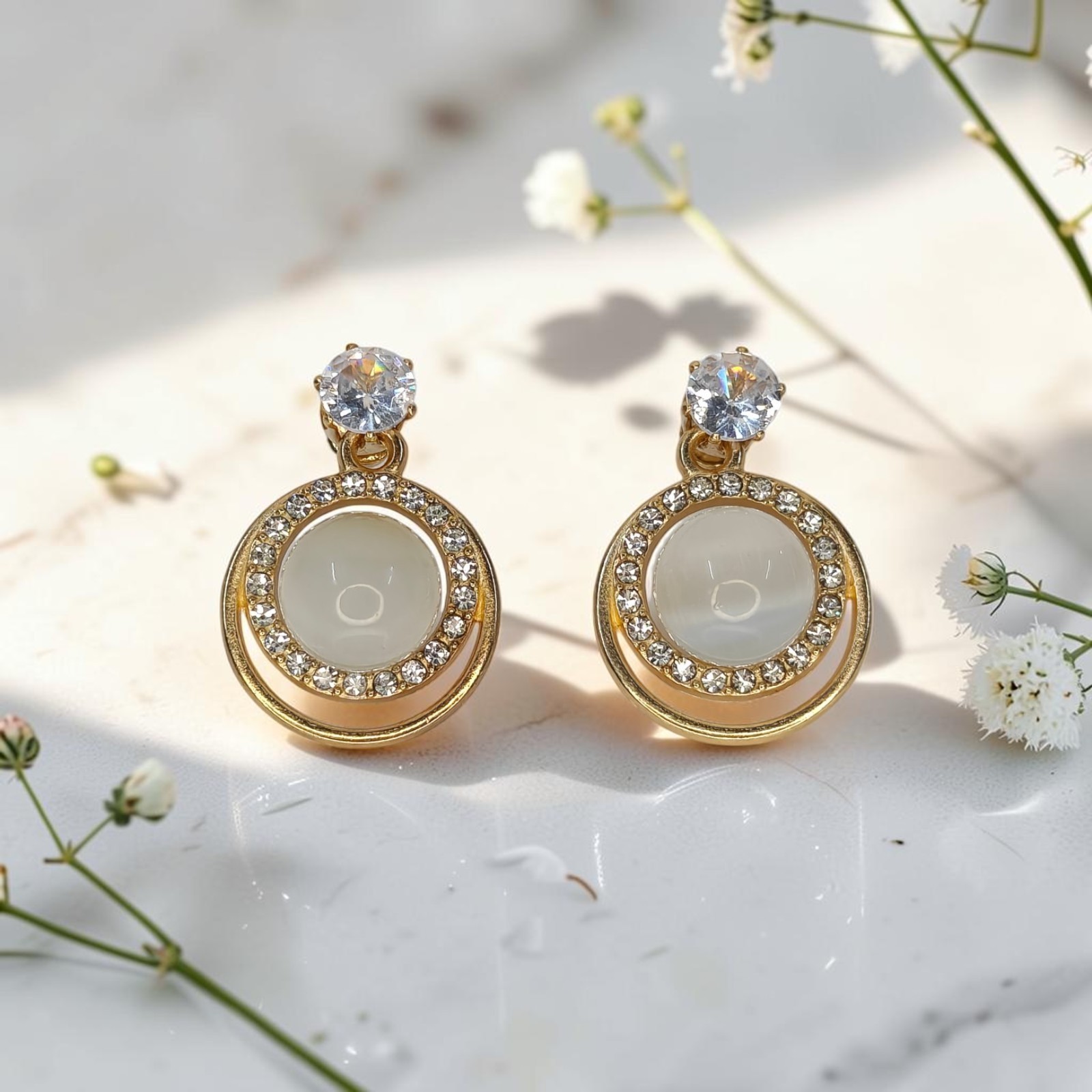 Gold Plated Round Halo Crystal Faux Pearl Dangle Earrings Wedding Party Jewelry