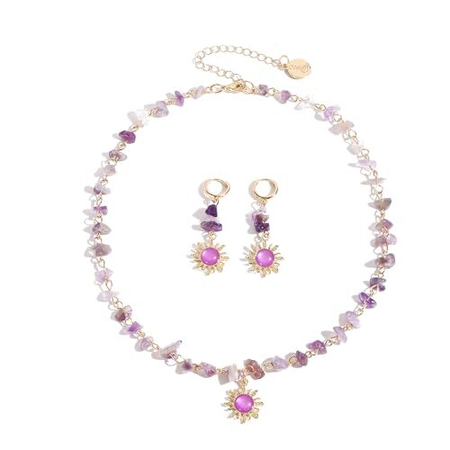 Boho Sun Jewelry Set for Women Bohemian Healing Nature Crystal Stone Purple