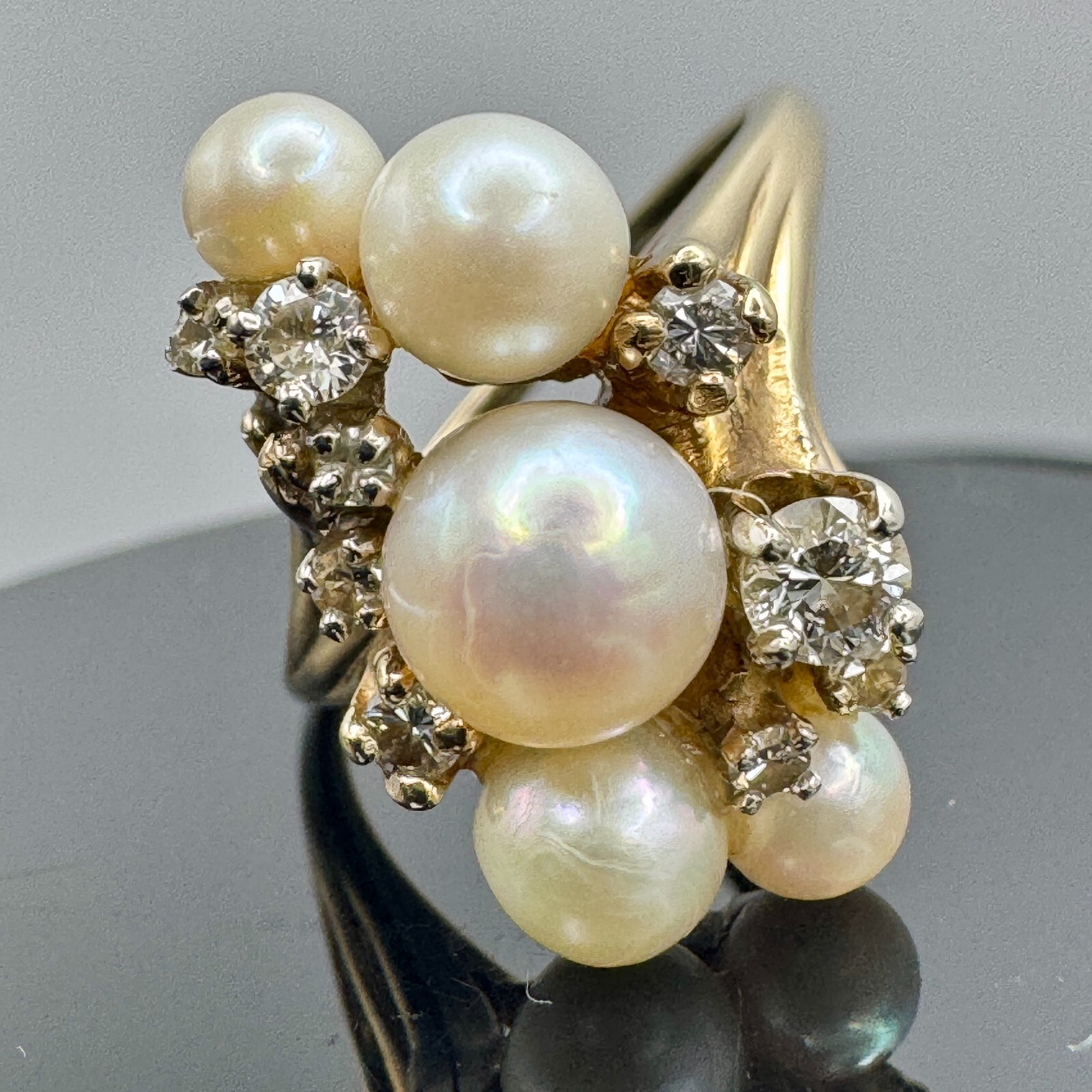 Solid 14k Gold Ring with Diamonds and Pearls / Size 6.85 / 5.6 Grams
