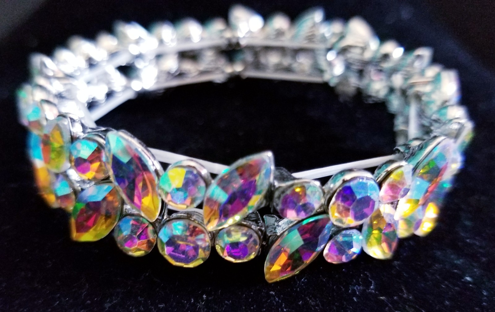 Iridescent Silver Rhinestone Stretch Bracelet Crystal Pageant Prom Drag Jewelry