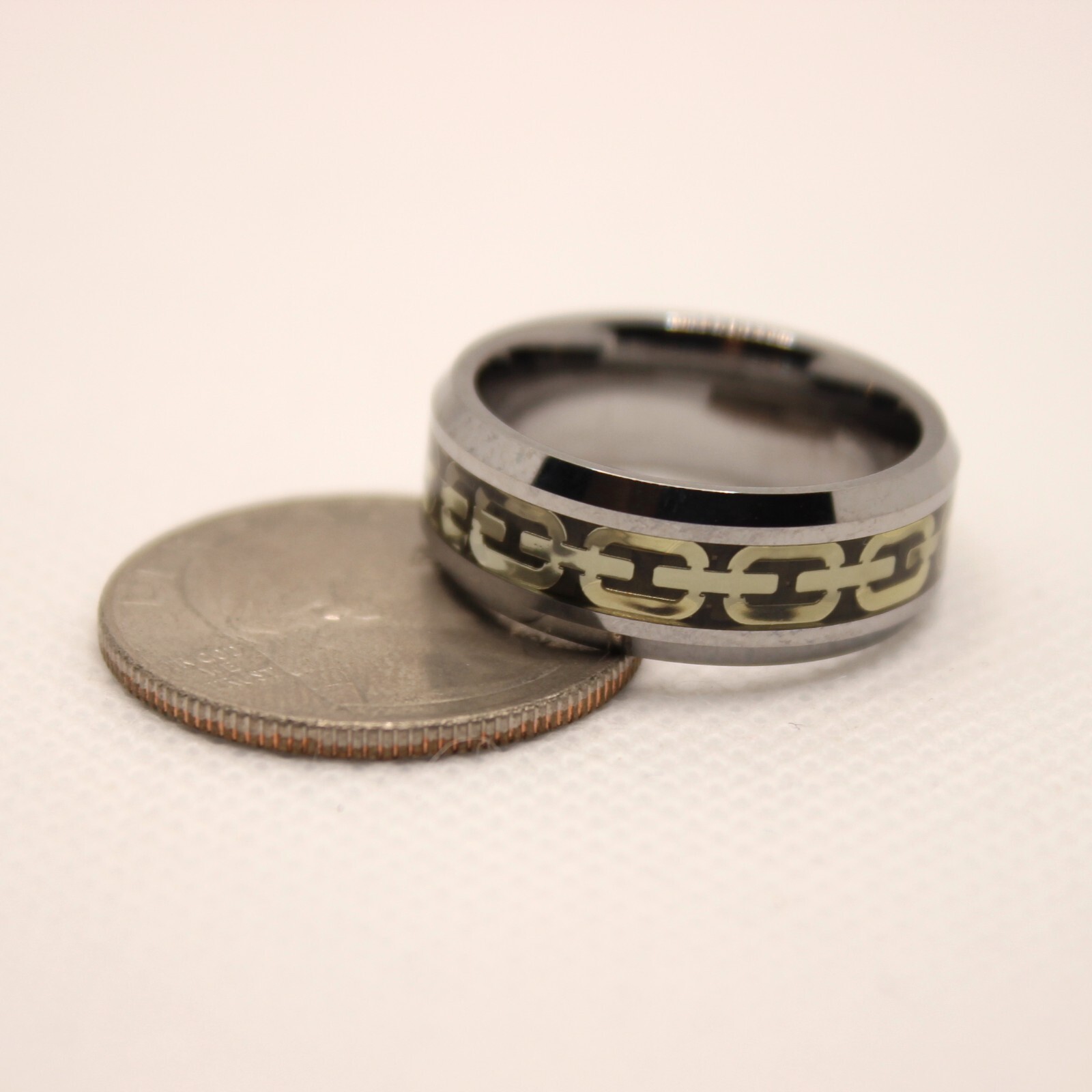 Tungsten Carbide Flat Yellow Chain Link Inlay Beveled Edge Wedding Band Ring 8mm