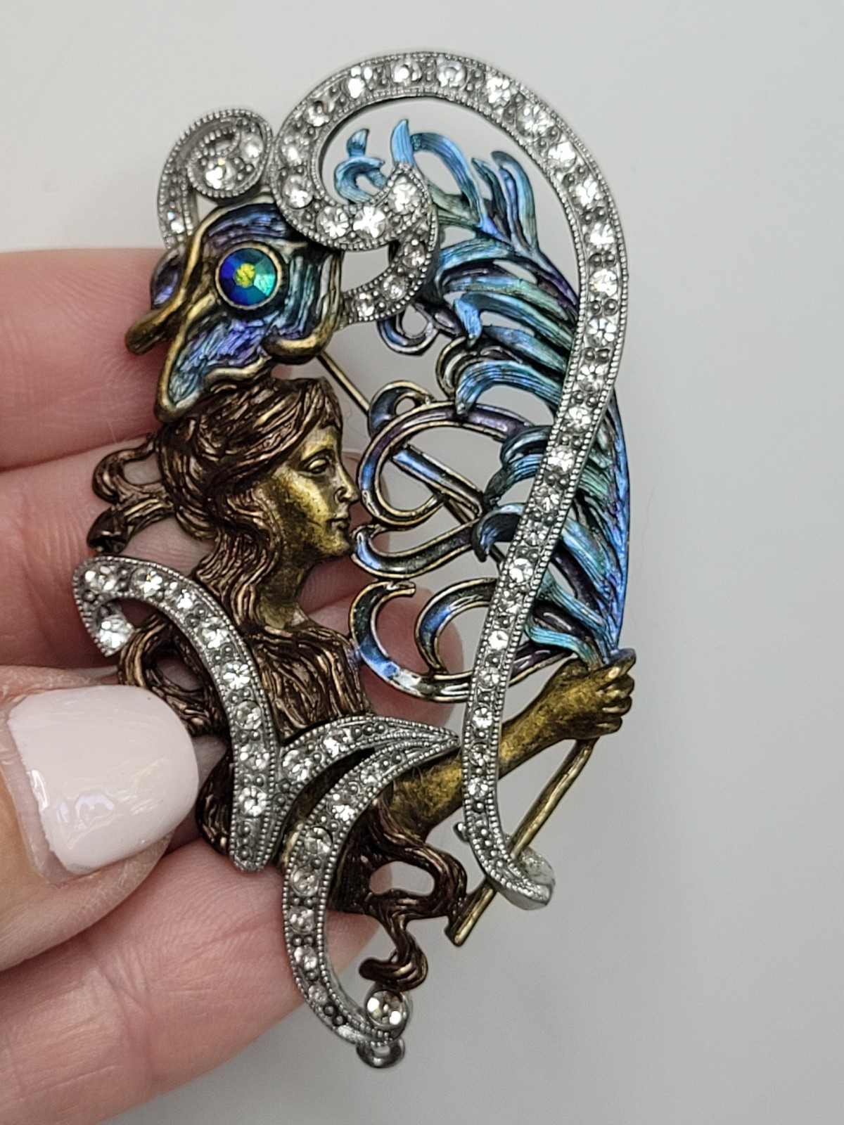 Sweet Romance Art Nouveau Style Multicolor Enamel Rhinestone Brooch Pin Signed