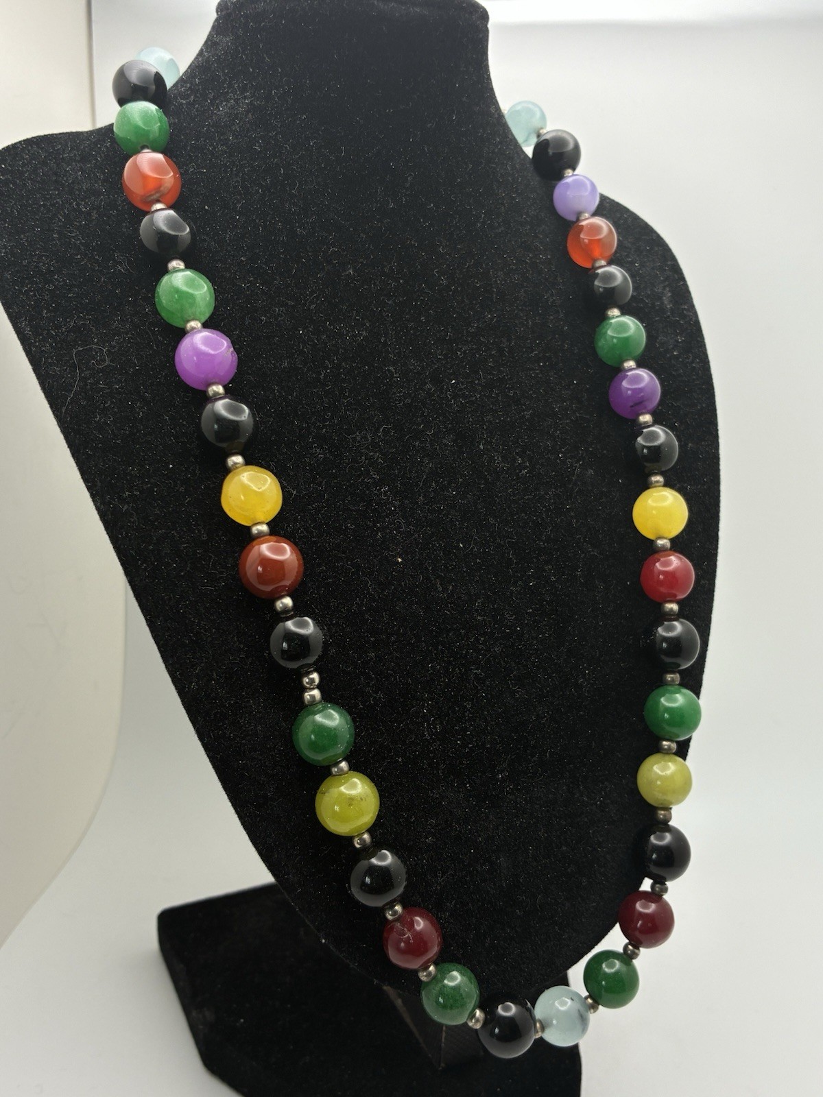 Multi Color Glass Beaded Necklace Silver Tone Clasp 20” Yellow Green Black Red