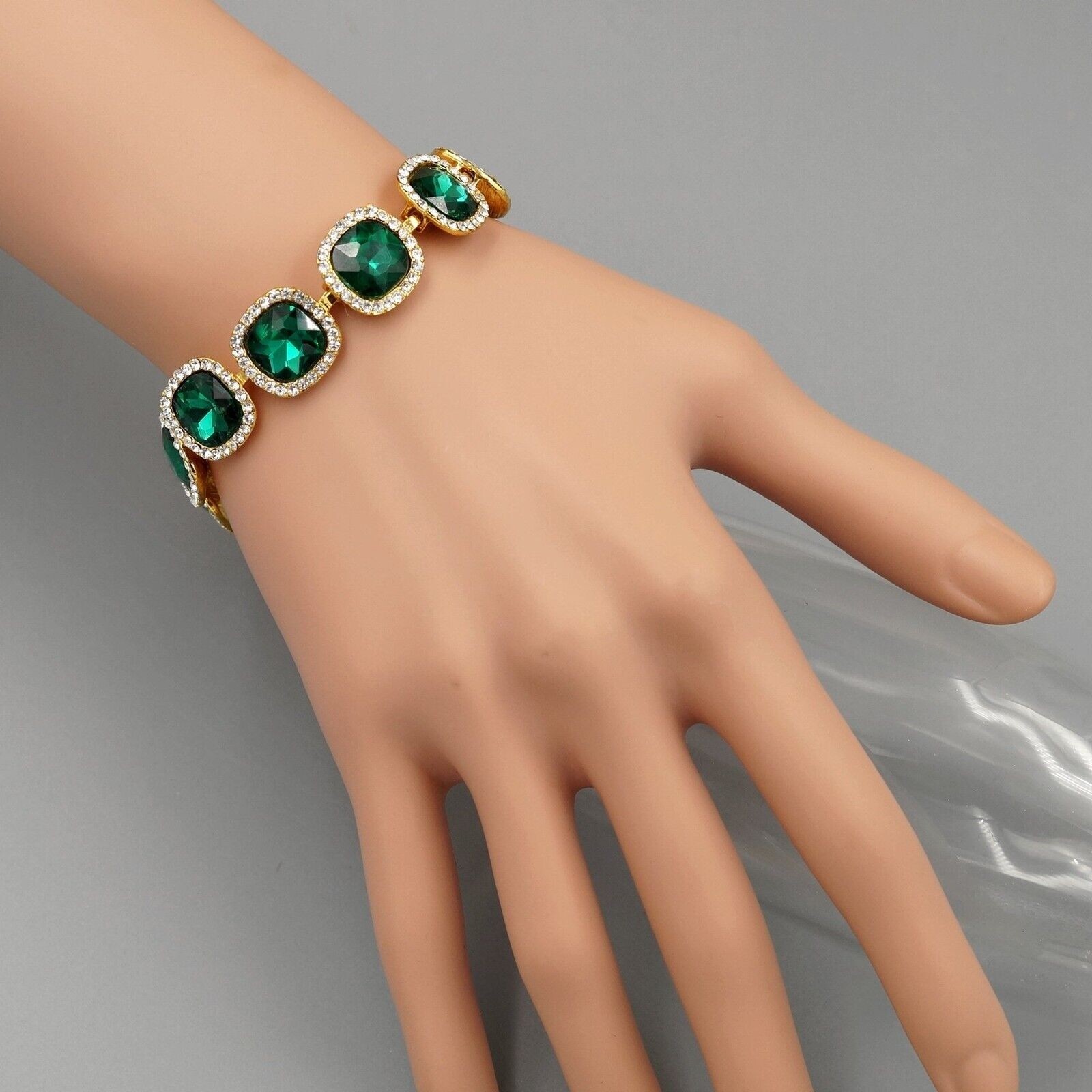 Women Gold Plated Green Crystal Rhinestone Tennis Bracelet Hot Fashion Jewelry