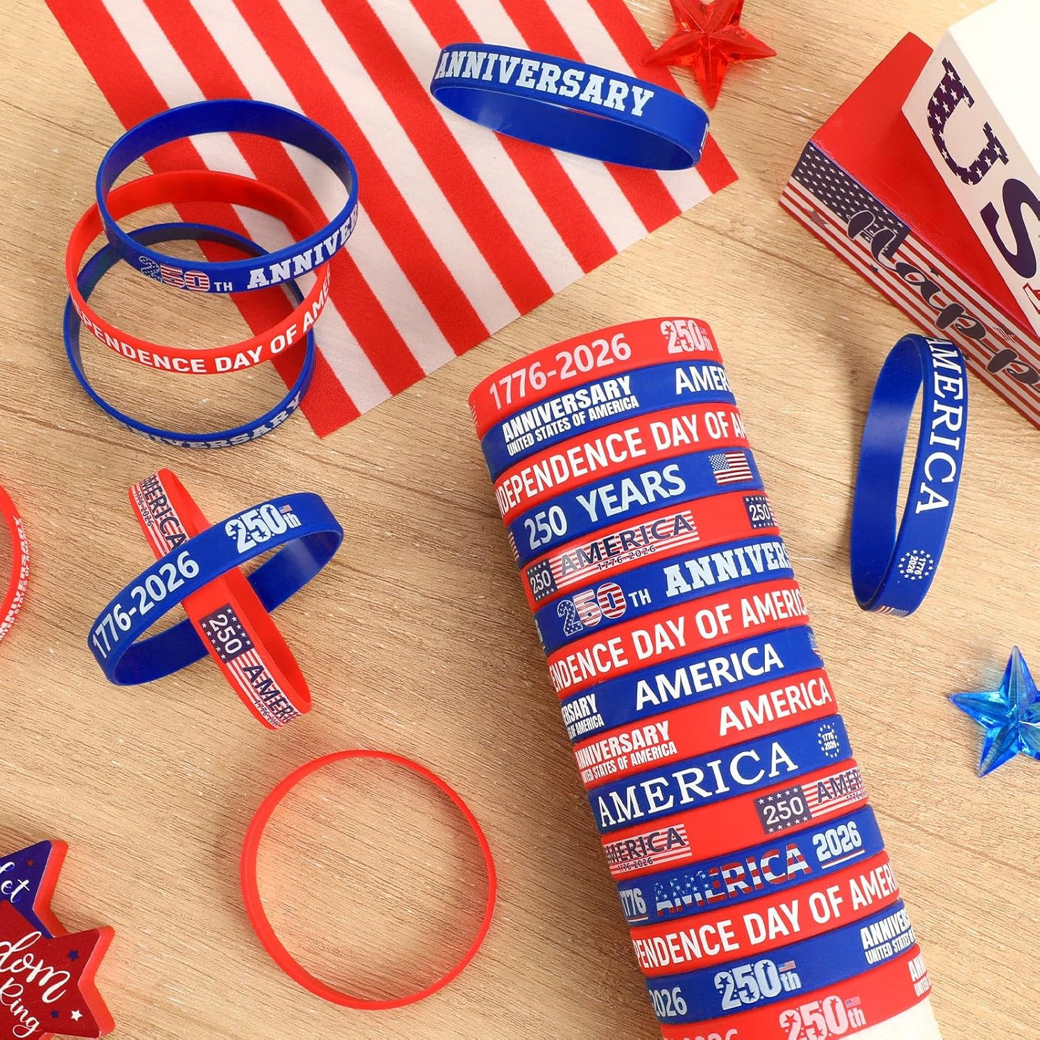 42 Pcs 250Th Anniversary Silicone Bracelets, Patriotic Wristbands Red White Blue