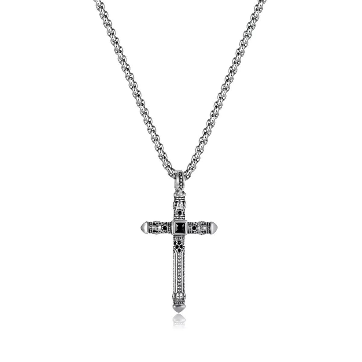 23″ Retro Vintage Cross Pendant Necklace Stainless Steel with Black Onyx Zircon