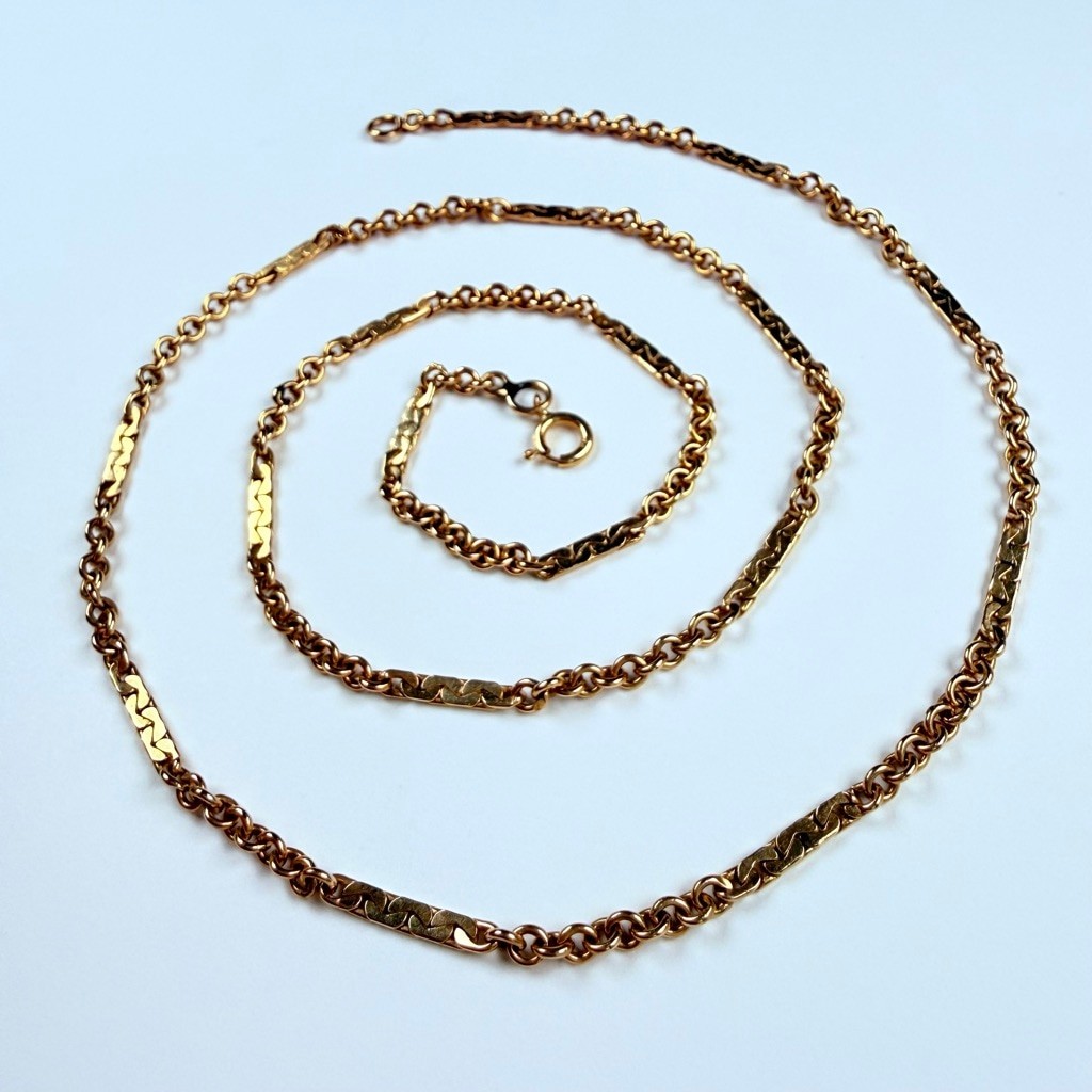 14K Solid Yellow Gold Cable & Flat C Link Chain Unique Necklace 19.75″ Vintage