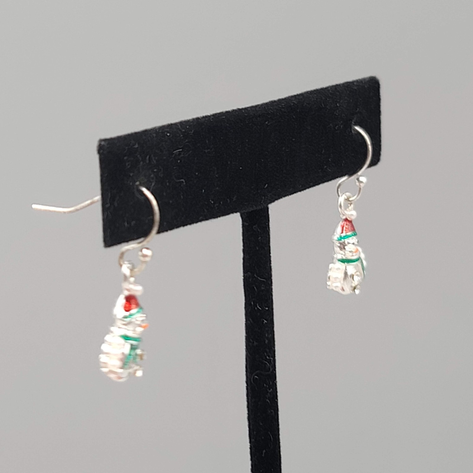 Tiny Crystal Snowman Christmas Enamel Pierced Earrings Silver tone Dangle 5/8″