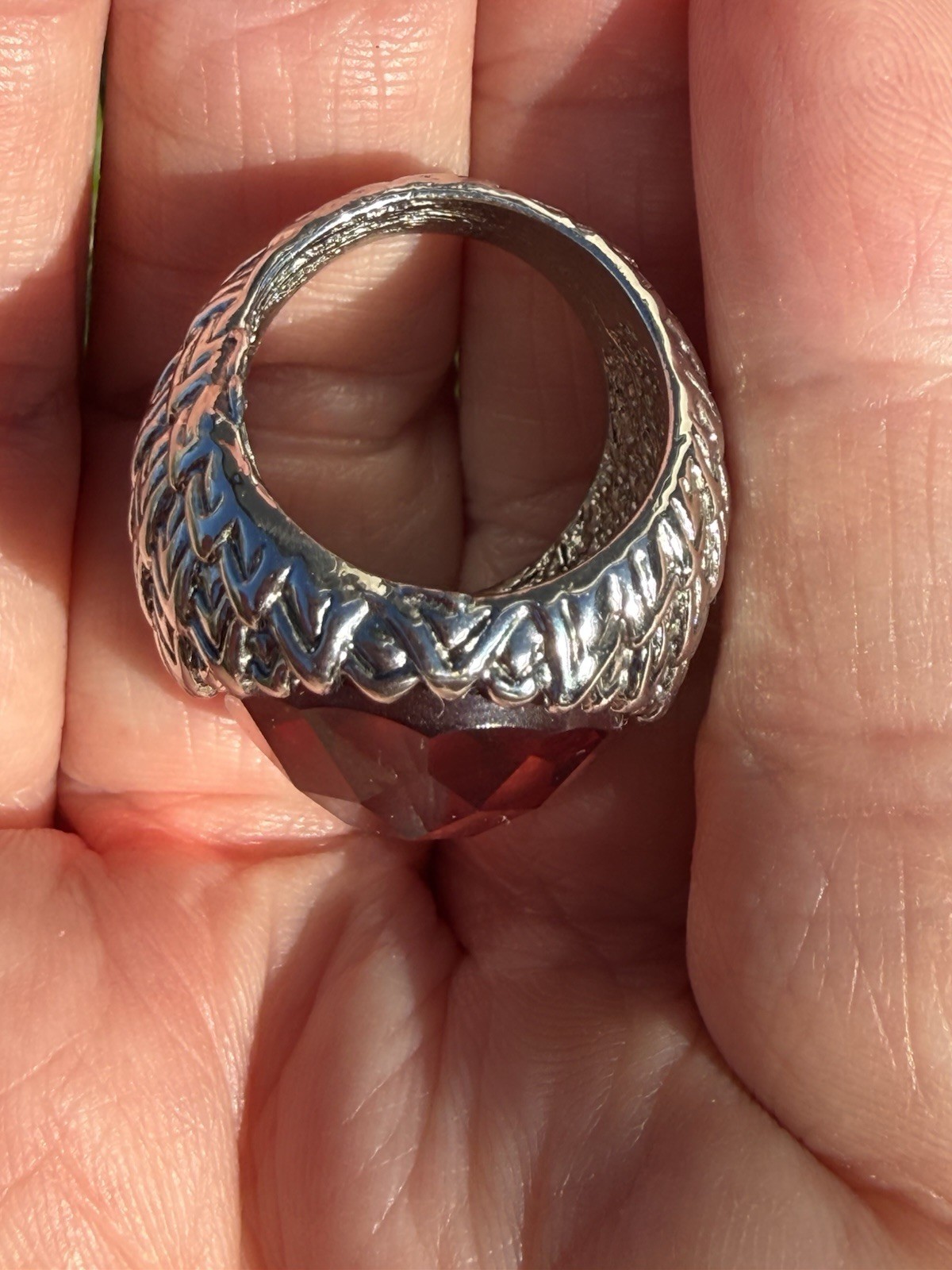 Silver Plated Textured Huge Statement Light Burgundy Faceted Glass Ring Sz7