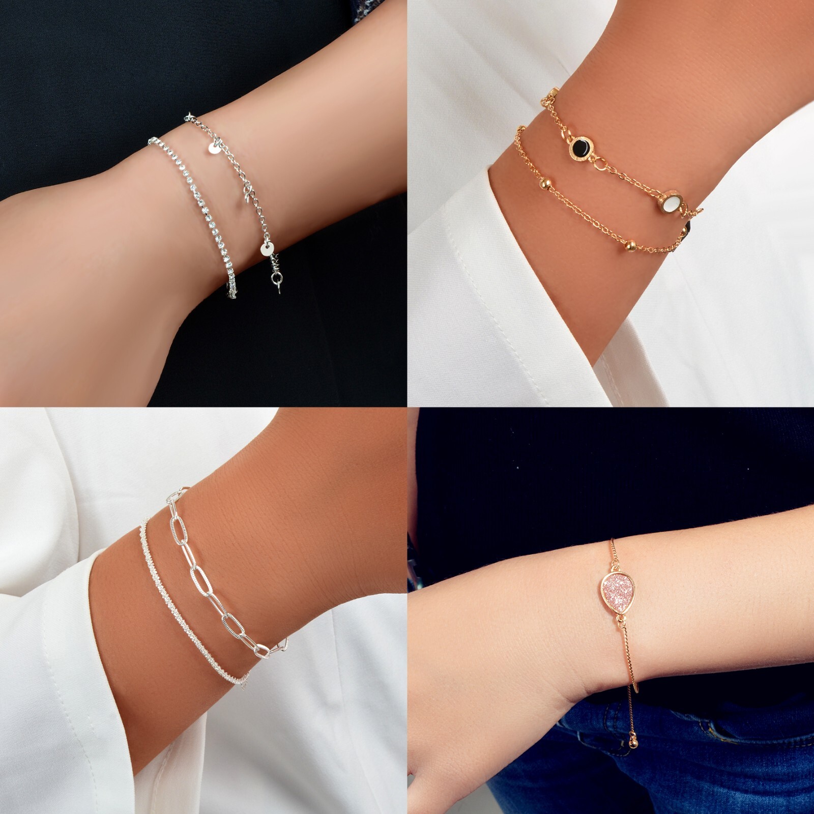 Fashion Rhinestone Gold Silver Layered Chain Stackable Adjustable Bracelets set