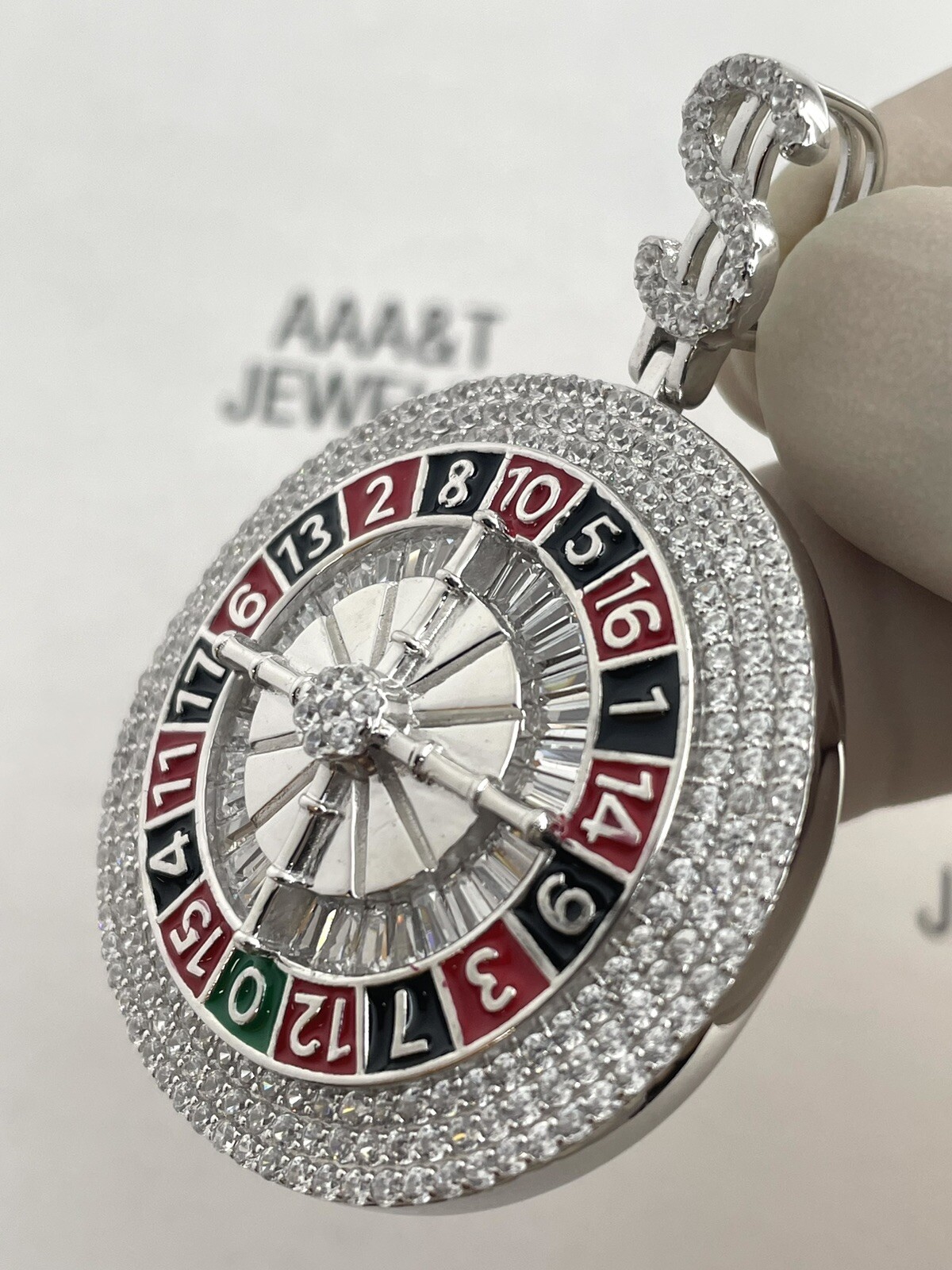 925 Solid Sterling Silver Cubic Zirconia 3 D Roulette Pendant