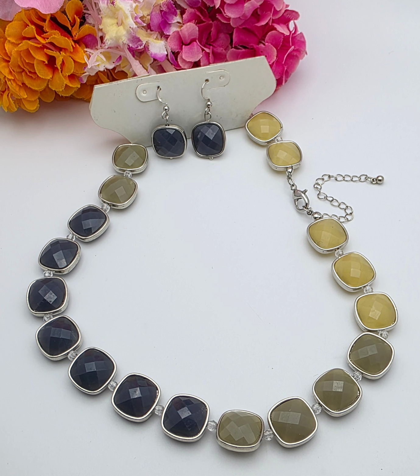 Silver Tone Beaded Necklace Blue Green Yellow Square Faceted Set 21” w/ Earrings