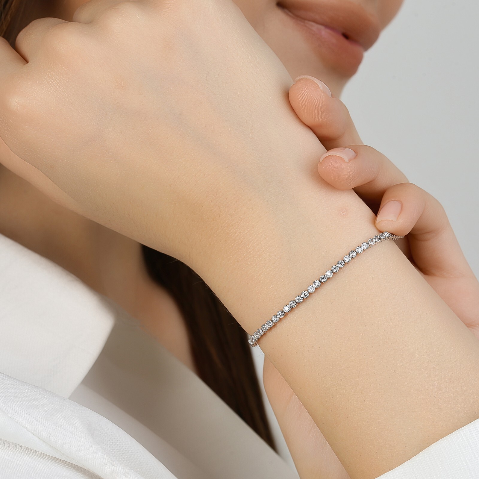 Solid Silver 925 Sterling Shiny Stone Chic Women Bracelet, Tennis Bracelet