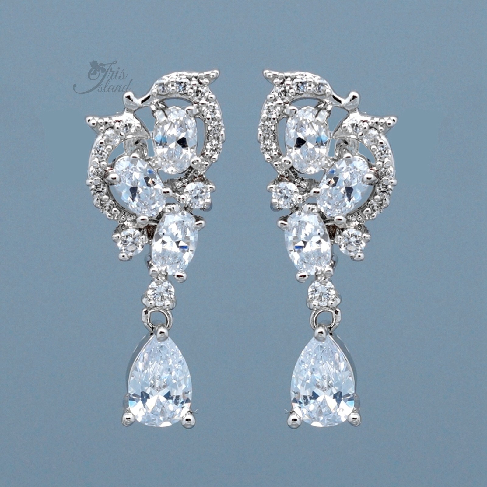 Women White Gold Plated Clear Cubic Zirconia Wedding Teardrop Dangle earrings 45