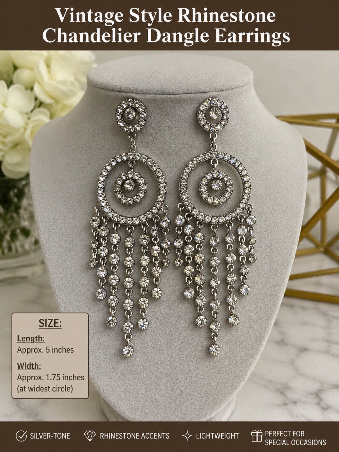 Vintage Style Rhinestone Silver-Tone Chandelier Dangle Earrings 5 in Wedding