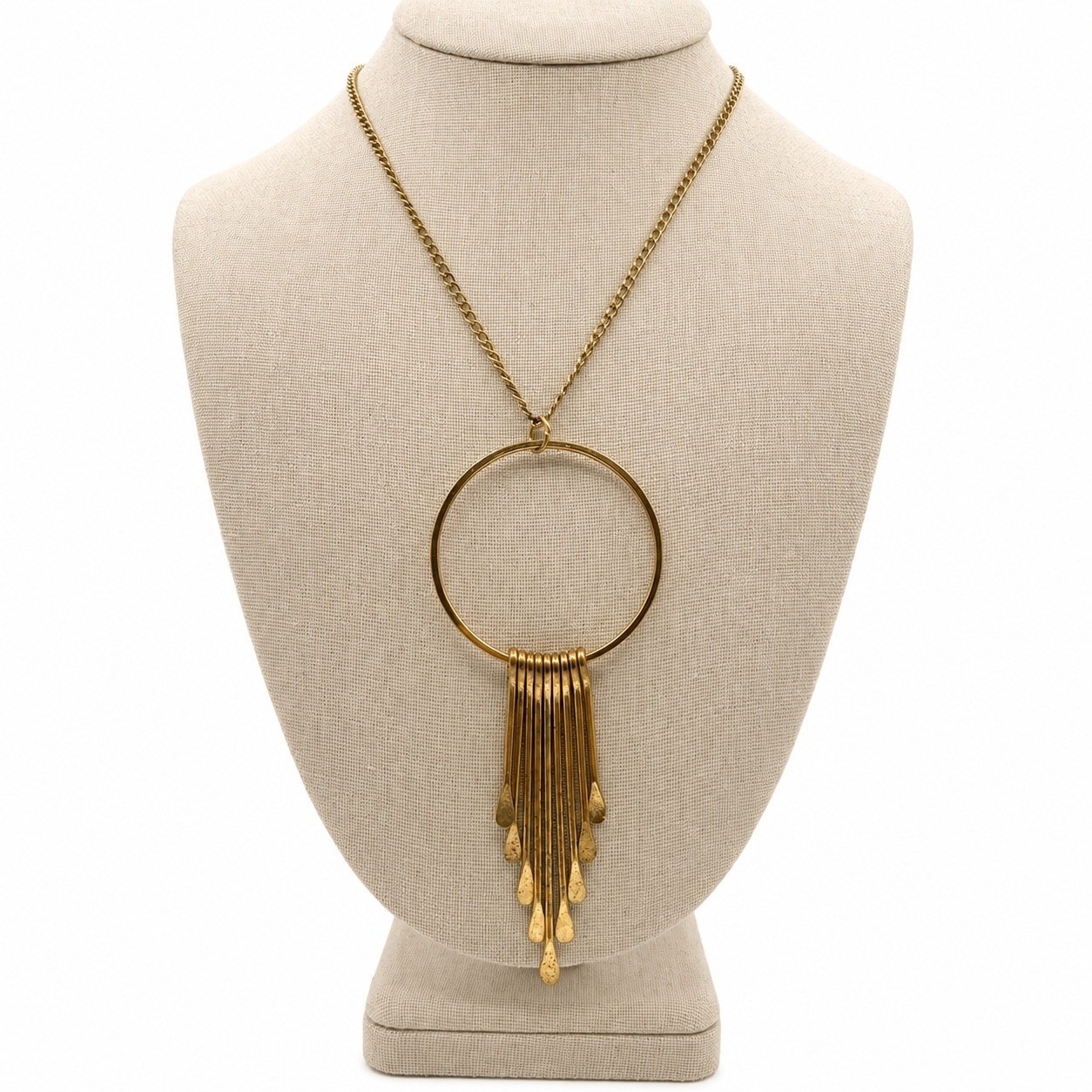 Vintage Gold Tone Circle Fringe Pendant Necklace Statement Boho Long Chain