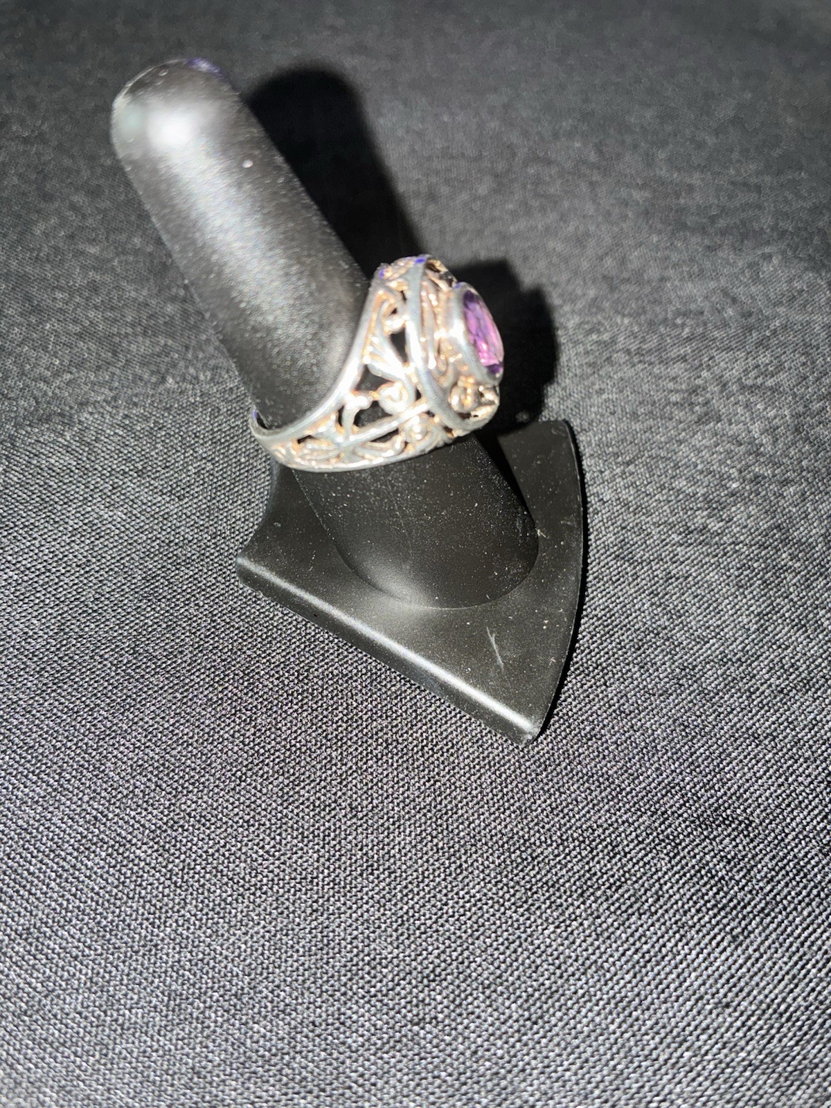 Oval Purple Amethyst Cocktail Ring Sterling Silver filigree size 7 1/2