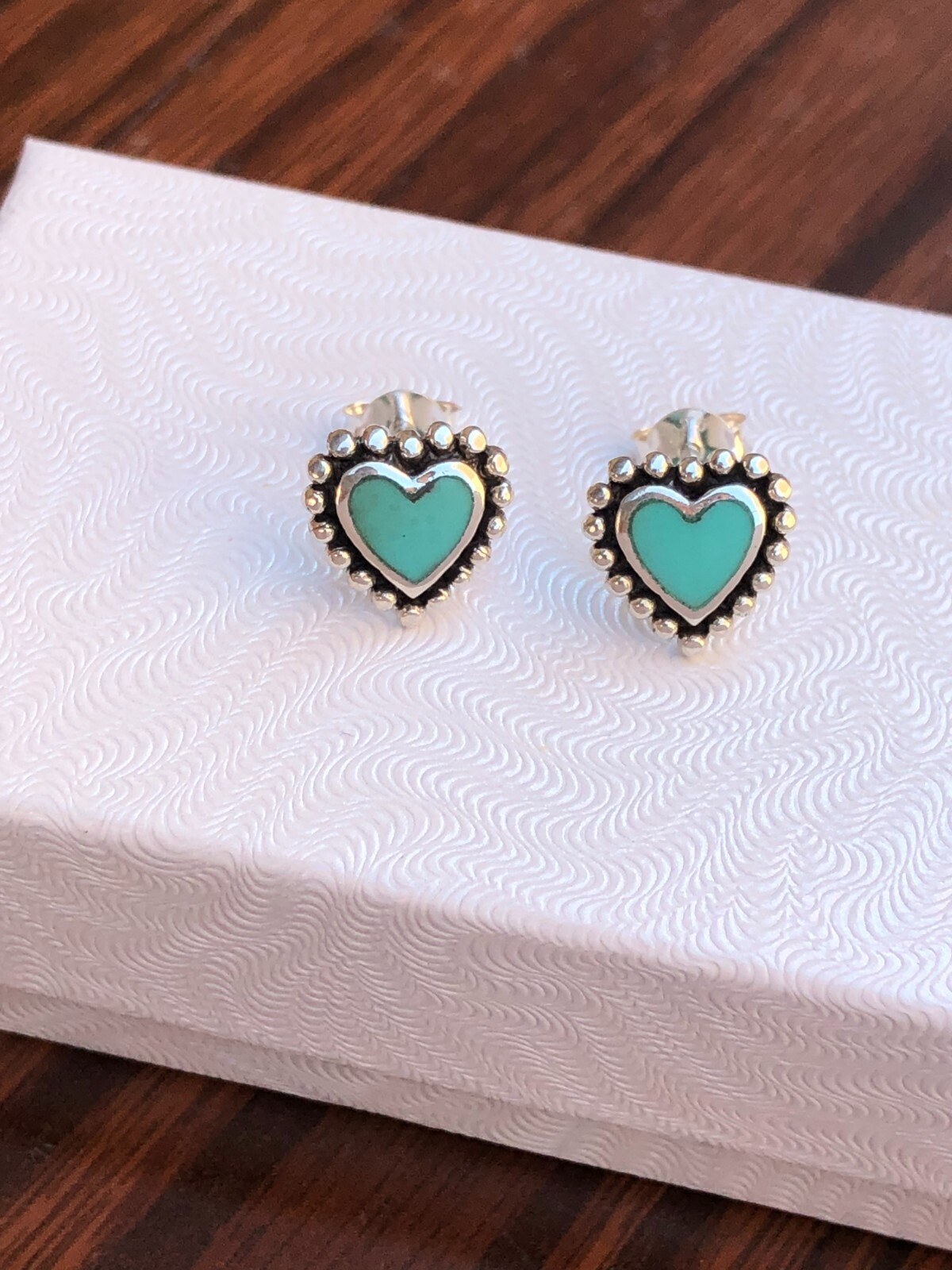 Small Turquoise Heart Stud Earrings 925 Sterling Silver Post 9.5mm(0.37″)