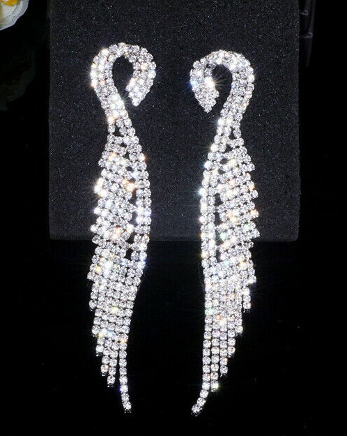 Rhinestone Earrings Drop Chandelier Sparkle Crystal Silver 5in Long Tassels Sexy